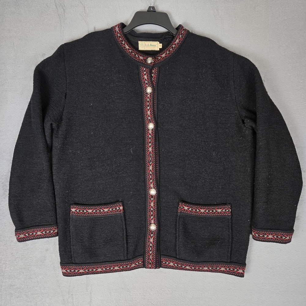 Vintage‎ LL Bean Cardigan Women Medium Black 100% Wool Faireisle Sweater *READ